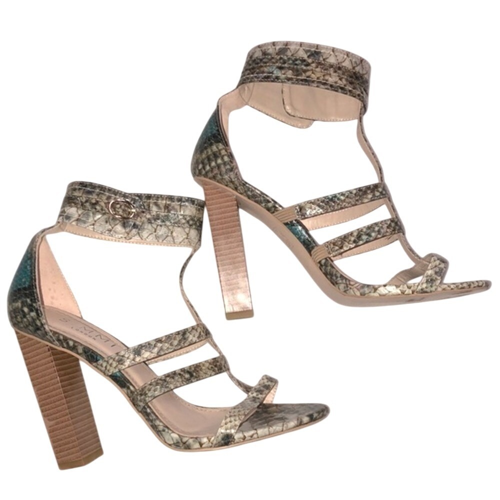 Simmi London Leah Snakeskin‎ Block Heel Strappy Sandals Neutral Women 7